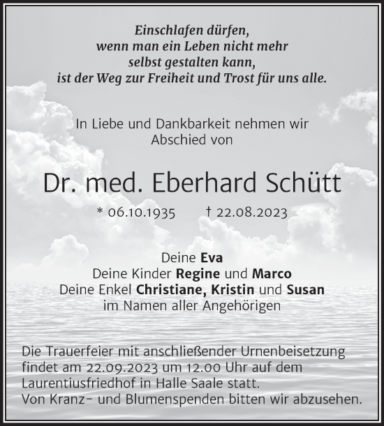 Traueranzeige von Eberhard Schütt von Mitteldeutsche Zeitung Halle/Saalkreis