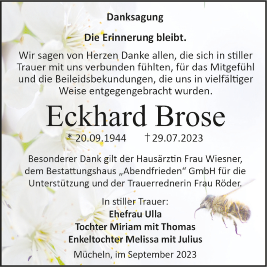 Traueranzeige von Eckhard Brose von Trauerkombi Merseburg