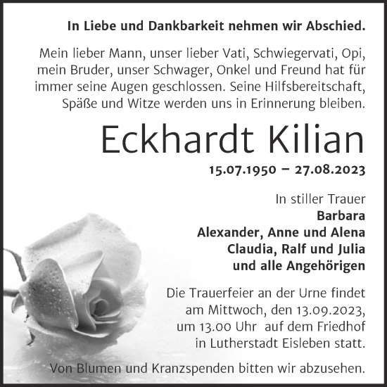 Traueranzeige von Eckhardt Kilian von Trauerkombi Mansfelder Land