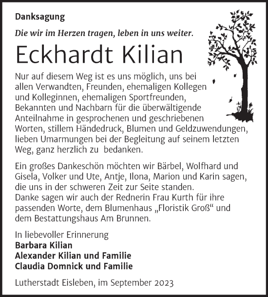 Traueranzeige von Eckhardt Kilian von Trauerkombi Mansfelder Land