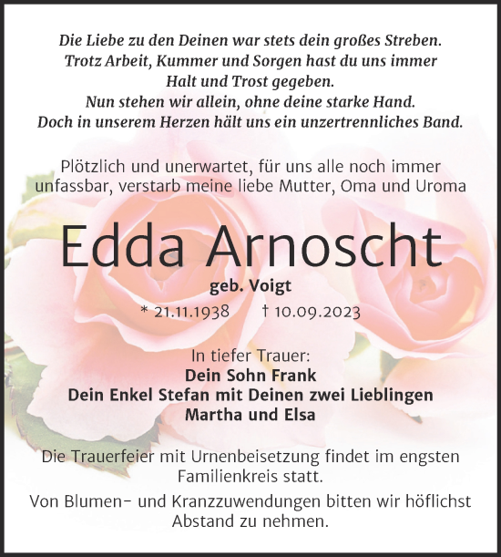 Traueranzeige von Edda Arnoscht von Trauerkombi Bitterfeld