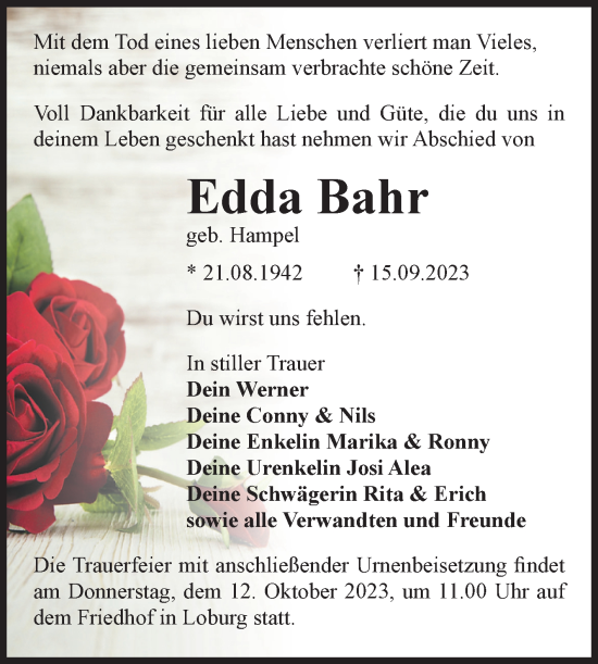 Traueranzeige von Edda Bahr von Volksstimme Zerbst