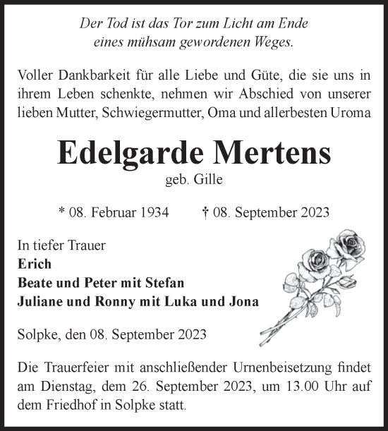 Traueranzeige von Edelgarde Mertens von Volksstimme Altmark West