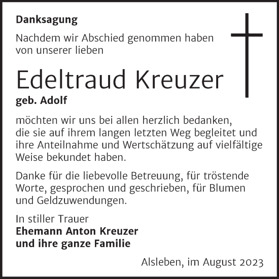 Traueranzeige von Edeltraud Kreuzer von Trauerkombi Bernburg