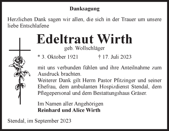 Traueranzeige von Edeltraut Wirth von Volksstimme Altmark Ost