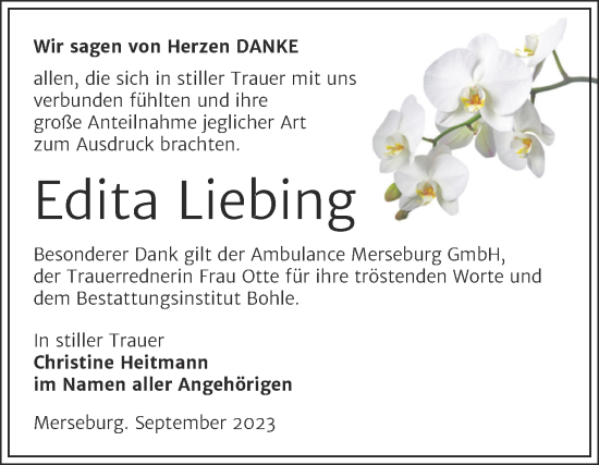 Traueranzeige von Edita Liebing von Trauerkombi Merseburg