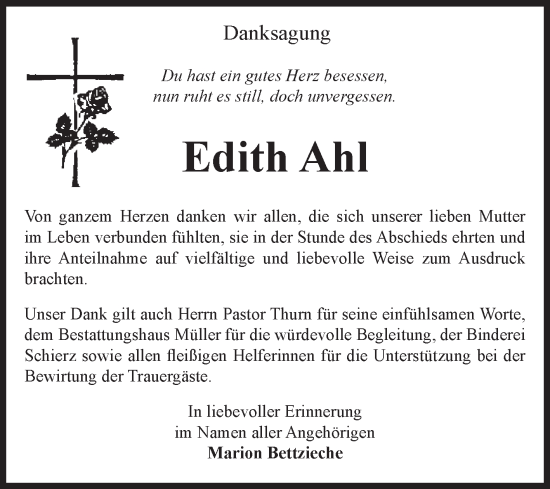 Traueranzeige von Edith Ahl von Volksstimme Altmark West