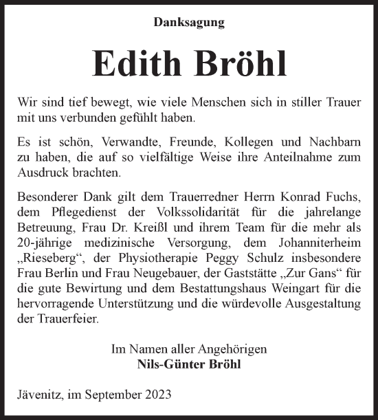 Traueranzeige von Edith Bröhl von Volksstimme Altmark West
