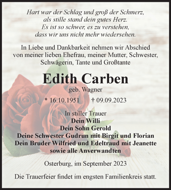 Traueranzeige von Edith Carben von Volksstimme Altmark Ost