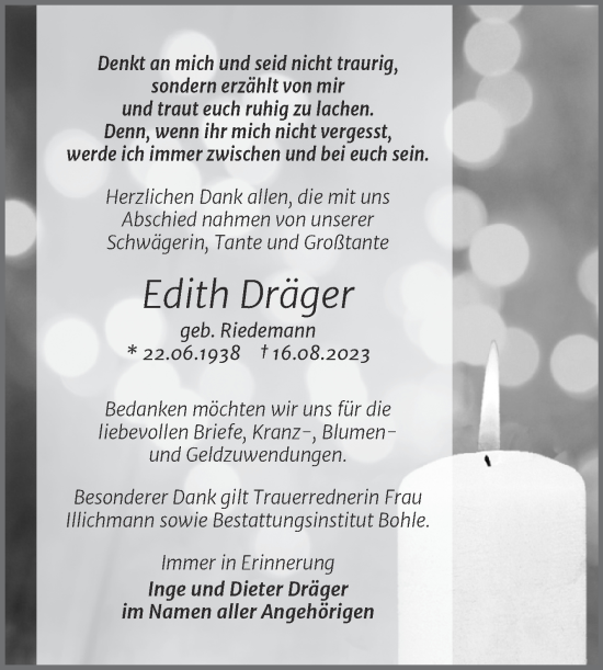 Traueranzeige von Edith Dräger von Trauerkombi Merseburg