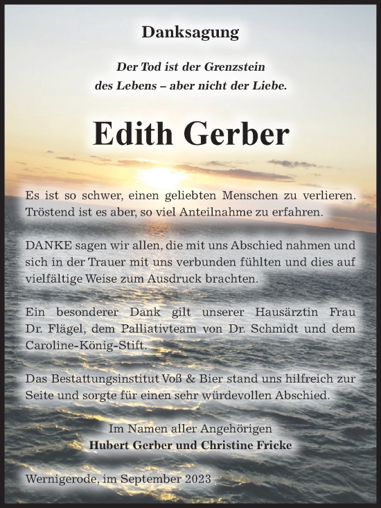 Traueranzeige von Edith Gerber von Volksstimme Wernigerode