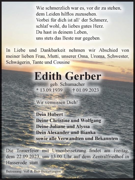 Traueranzeige von Edith Gerber von Volksstimme Wernigerode
