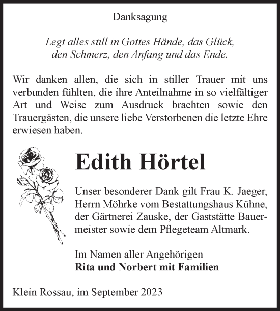Traueranzeige von Edith Hörtel von Volksstimme Altmark Ost