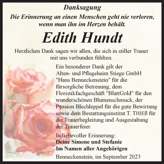 Traueranzeige von Edith Hundt von Volksstimme Wernigerode