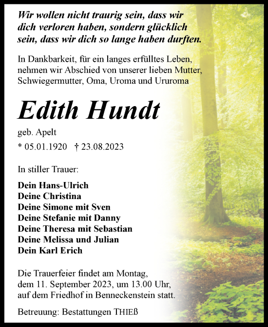 Traueranzeige von Edith Hundt von Volksstimme Wernigerode