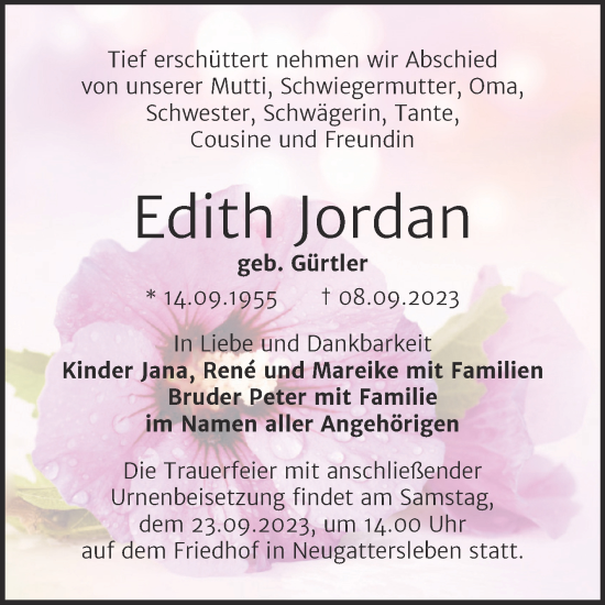 Traueranzeige von Edith Jordan von Trauerkombi Bernburg