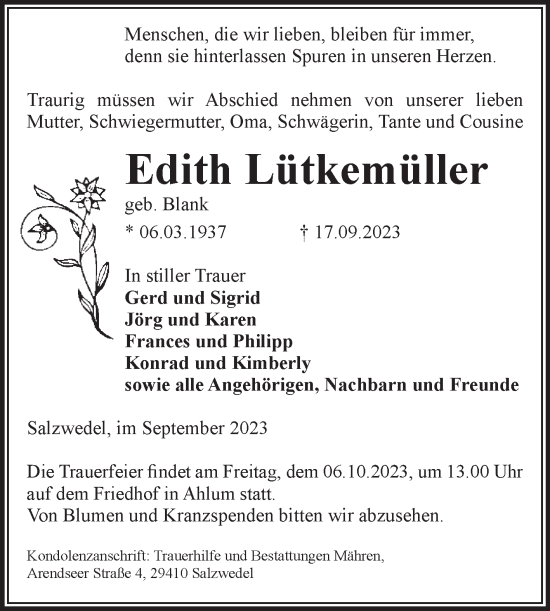 Traueranzeige von Edith Lütkemüller von Volksstimme Altmark West
