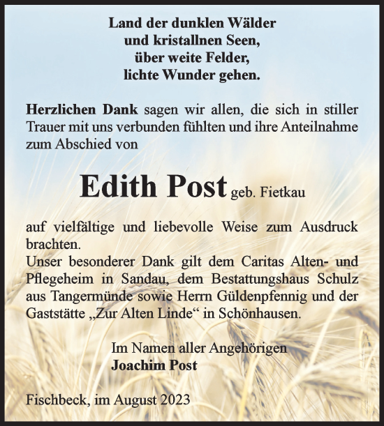 Traueranzeige von Edith Post von Volksstimme Altmark Ost