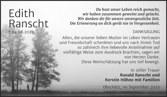 Traueranzeige von Edith Ranscht von Trauerkombi Weißenfels