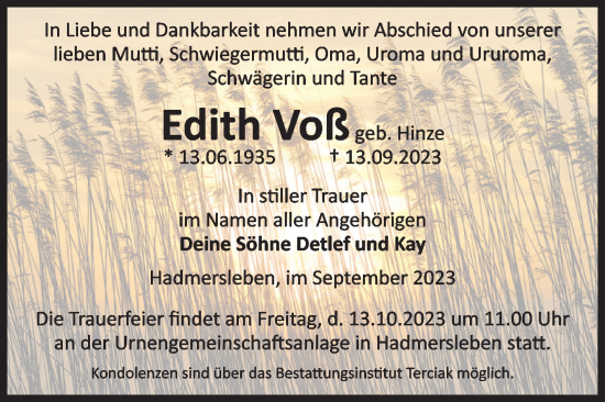Traueranzeige von Edith Voß von Volksstimme Oschersleben/Wanzleben