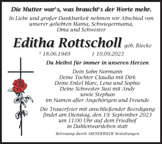 Traueranzeige von Editha Rottscholl von Volksstimme Haldensleben/Wolmirstedt