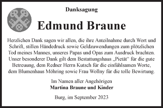 Traueranzeige von Edmund Braune von Volksstimme Burg/Genthin