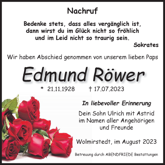 Traueranzeige von Edmund Röwer von Volksstimme Haldensleben/Wolmirstedt