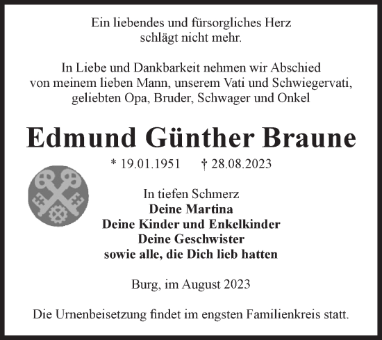 Traueranzeige von Edmund Günther Braune von Volksstimme Burg/Genthin