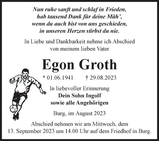 Traueranzeige von Egon Groth von Volksstimme Burg/Genthin
