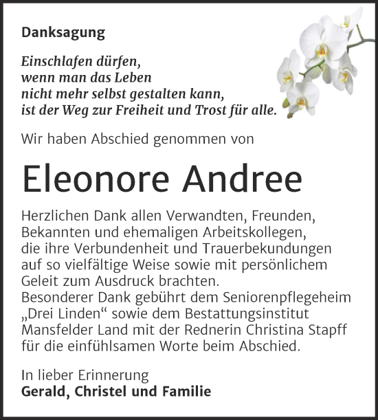 Traueranzeige von Eleonore Andree von Trauerkombi Mansfelder Land