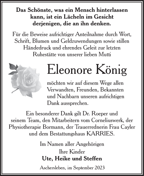 Traueranzeige von Eleonore König von Trauerkombi Aschersleben