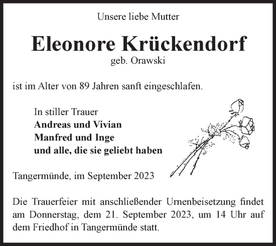 Traueranzeige von Eleonore Krückendorf von Volksstimme Altmark Ost