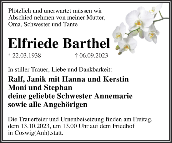 Traueranzeige von Elfriede Barthel von Trauerkombi Wittenberg