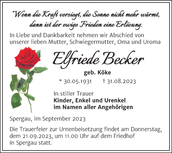 Traueranzeige von Elfriede Becker von Trauerkombi Merseburg