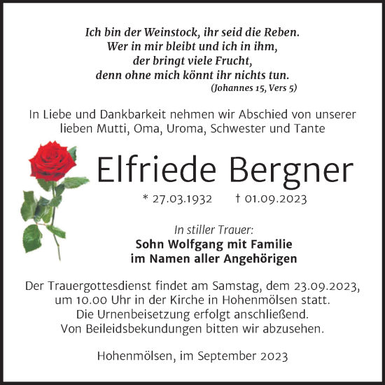 Traueranzeige von Elfriede Bergner von Trauerkombi Weißenfels