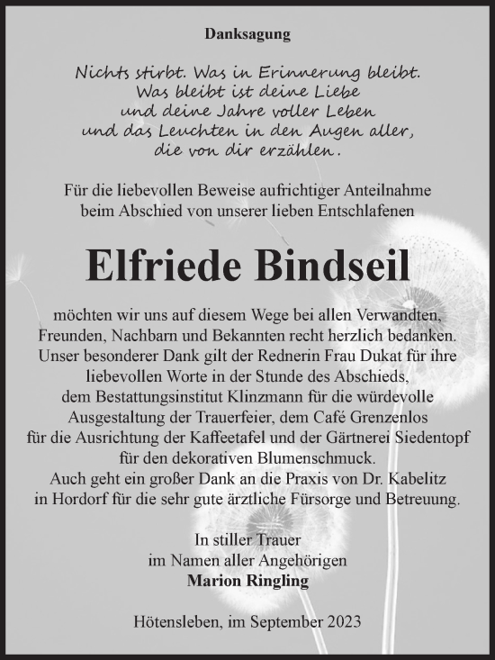 Traueranzeige von Elfriede Bindseil von Volksstimme Oschersleben/Wanzleben