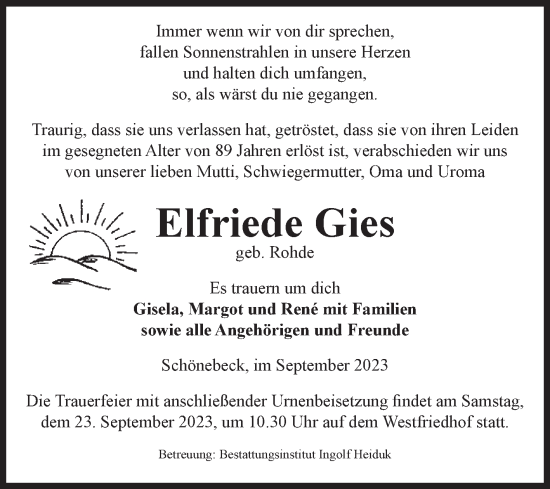 Traueranzeige von Elfriede Gies von Volksstimme Schönebeck