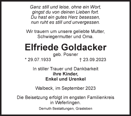 Traueranzeige von Elfriede Goldacker von Volksstimme Haldensleben/Wolmirstedt