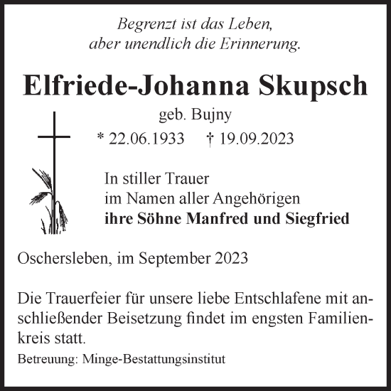 Traueranzeige von Elfriede-Johanna Skupsch von Volksstimme Oschersleben/Wanzleben