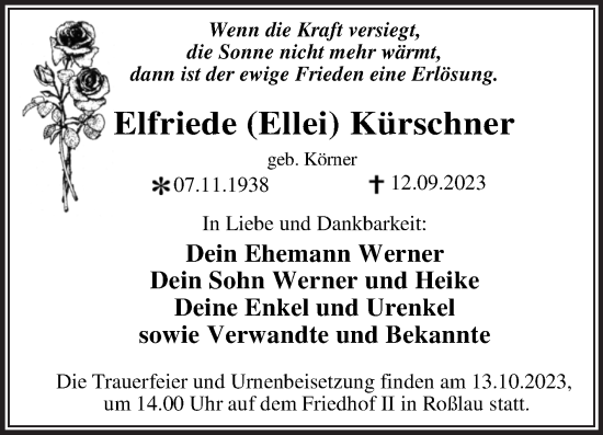 Traueranzeige von Elfriede  Kürschner von Trauerkombi Dessau