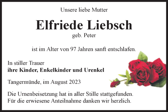 Traueranzeige von Elfriede Liebsch von Volksstimme Altmark Ost