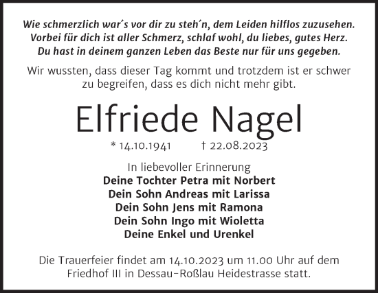 Traueranzeige von Elfriede Nagel von Trauerkombi Dessau