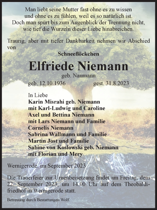 Traueranzeige von Elfriede Niemann von Volksstimme Wernigerode