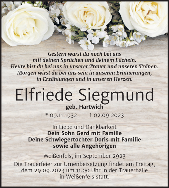 Traueranzeige von Elfriede Siegmund von Trauerkombi Weißenfels