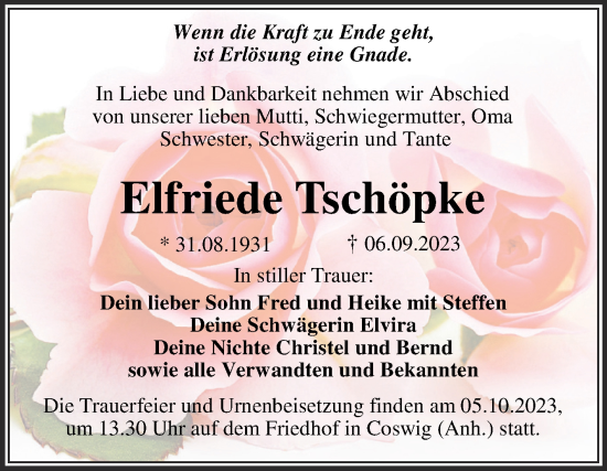 Traueranzeige von Elfriede Tschöpke von Trauerkombi Wittenberg