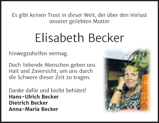 Traueranzeige von Elisabeth Becker von Trauerkombi Zeitz