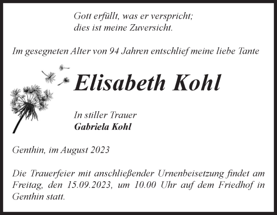 Traueranzeige von Elisabeth Kohl von Volksstimme Burg/Genthin