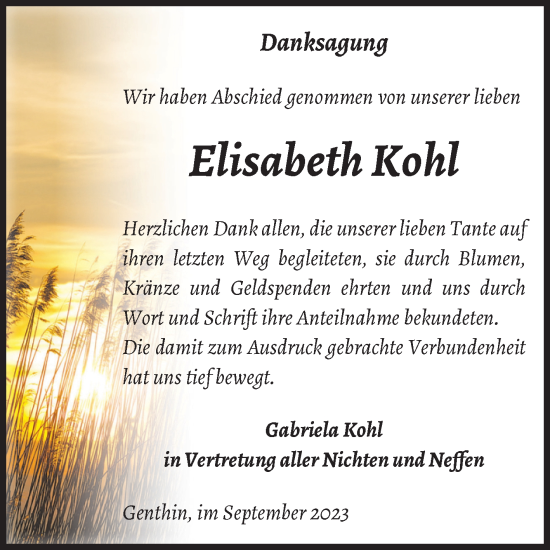 Traueranzeige von Elisabeth Kohl von Volksstimme Burg/Genthin