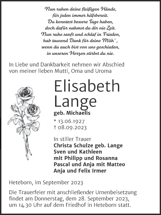 Traueranzeige von Elisabeth Lange von Trauerkombi Quedlinburg