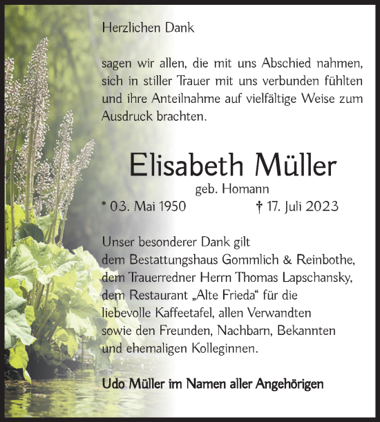 Traueranzeige von Elisabeth Müller von Volksstimme Zerbst